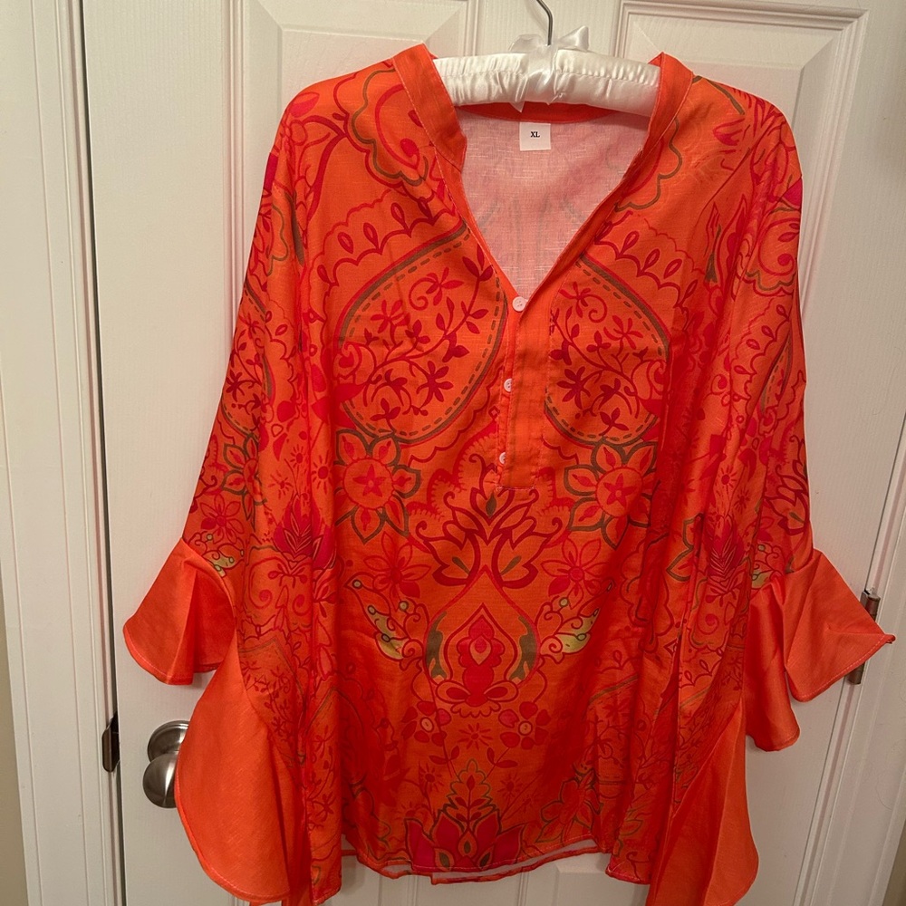 Vibrant Orange Floral Women's Top - Picture 2 of 6